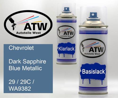 Chevrolet, Dark Sapphire Blue Metallic, 29 / 29C / WA9382: 400ml Sprühdose + 400ml Klarlack - Set, von ATW Autoteile West.